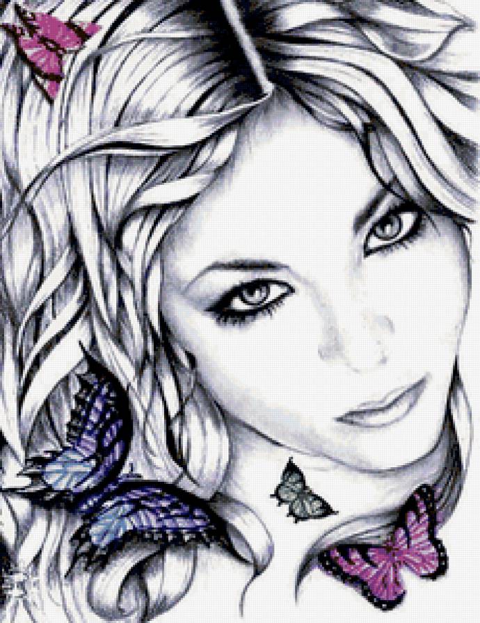 девушка - портрет, лицо, бабочки - предпросмотр