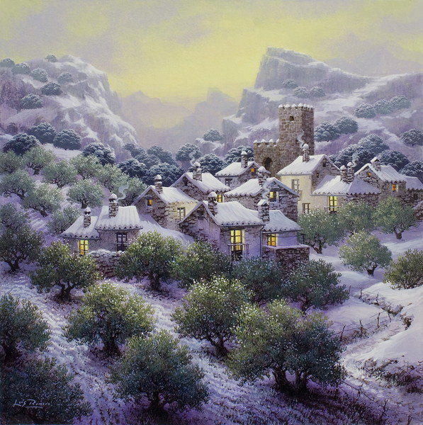 Пейзаж - горы, дома, пейзаж, живопись - оригинал