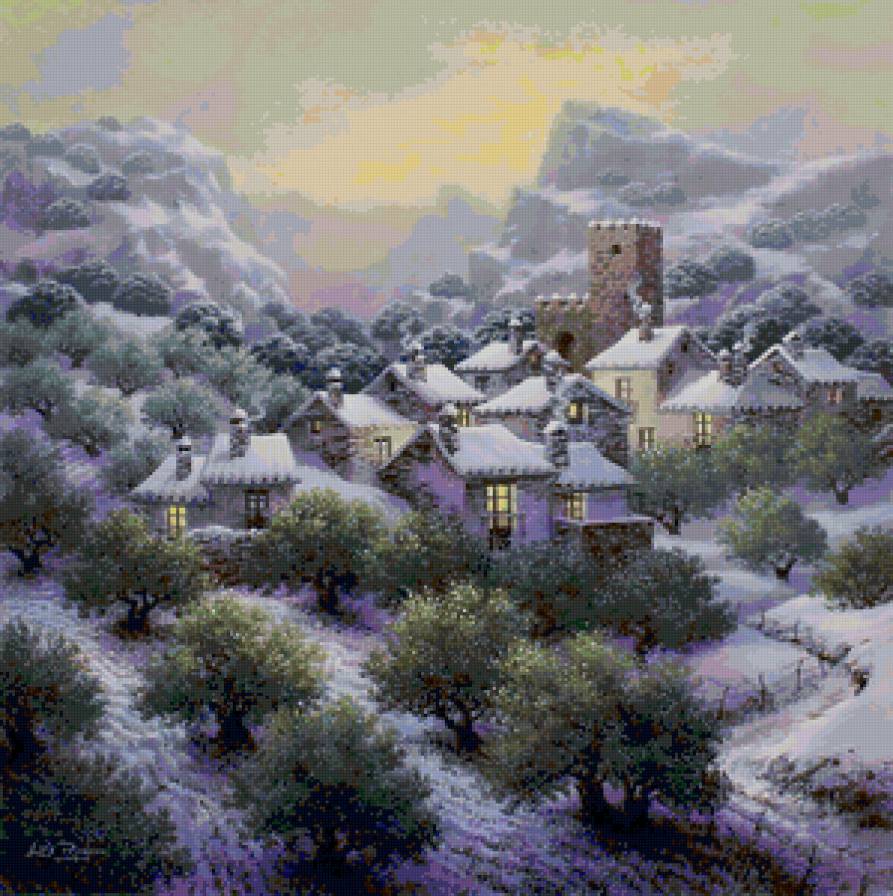 Пейзаж - дома, живопись, горы, пейзаж - предпросмотр