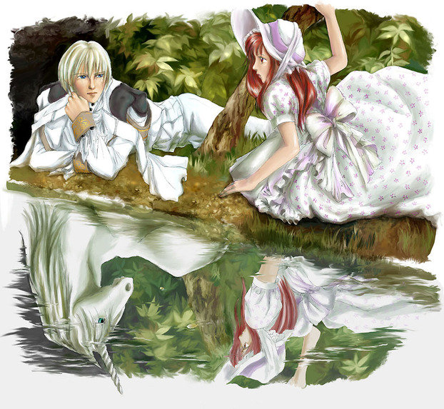 Встреча с Единорогом - встреча, парень, девочка, девушка, единорог, лес, юноша, природа - оригинал