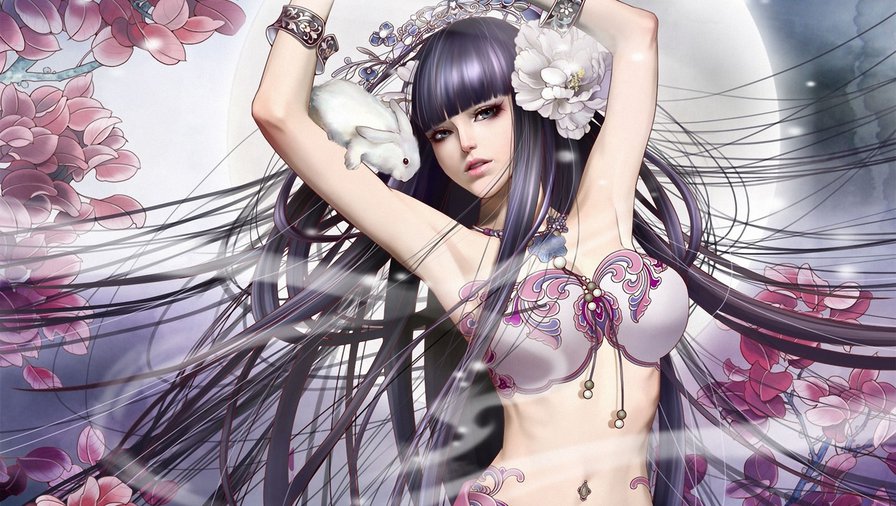 Танец под луной - цветы, люди, луна, животные, девушка - оригинал