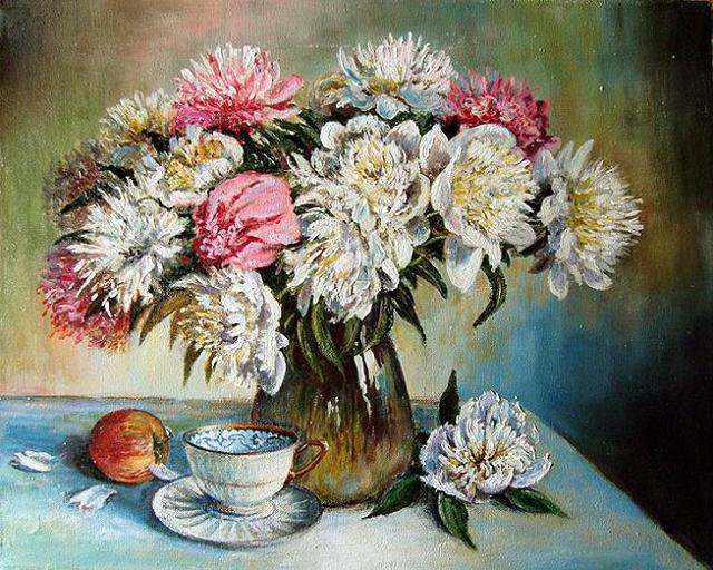 Натюрморт с пионами - натюрморт, букет, яблоки, пионы, цветы - оригинал