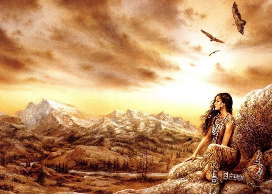 Индейская девушка - девушка, индейцы, пейзаж, горы - оригинал