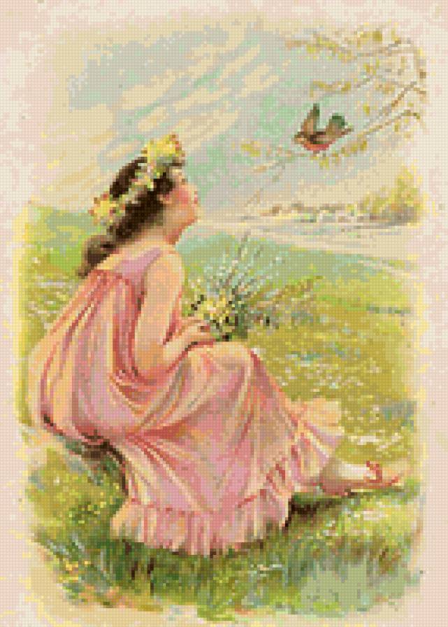 Пожелание - пейзаж, девушка, цветы, птицы - предпросмотр