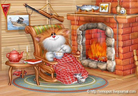 теплый вечер - кот, камин - оригинал