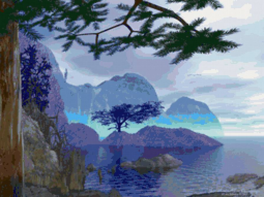 пейзаж - пейзаж, море, дерево, горы, природа - предпросмотр