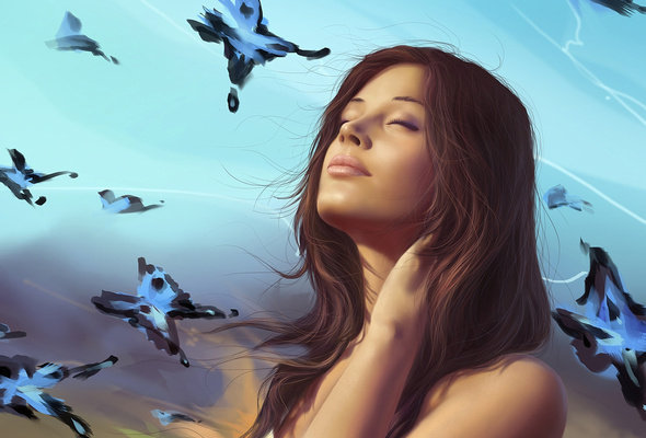 Девушка - ветер, бабочки, волосы - оригинал