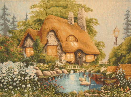 Домик у озера - дом, вода лебеди, пейзаж, живопись - оригинал