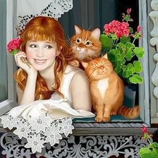 Схема вышивки «девушка с кошками»