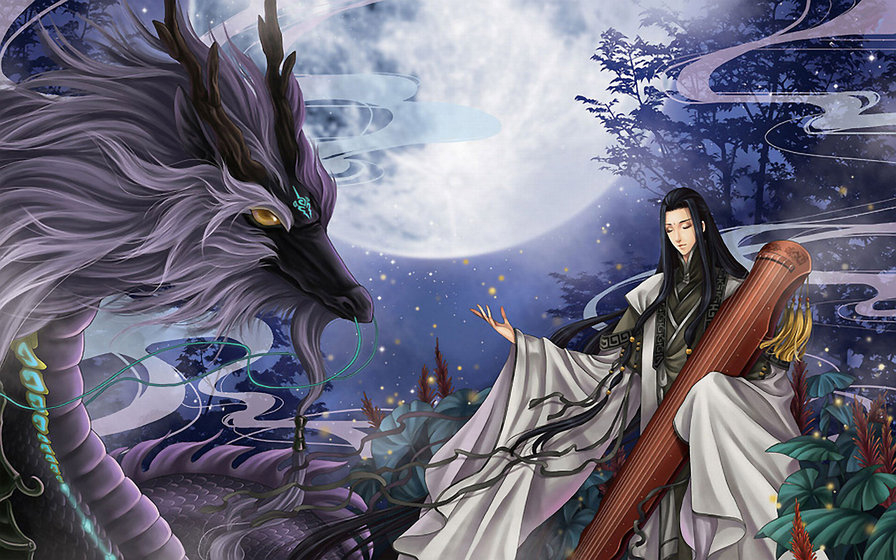 Музыкант - парень, люди, миф, животные, дракон, природа - оригинал