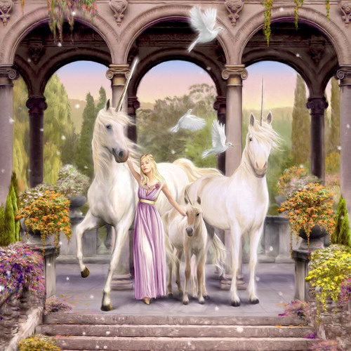 Девушка и единороги - девушка, живопись, пейзаж, животные - оригинал