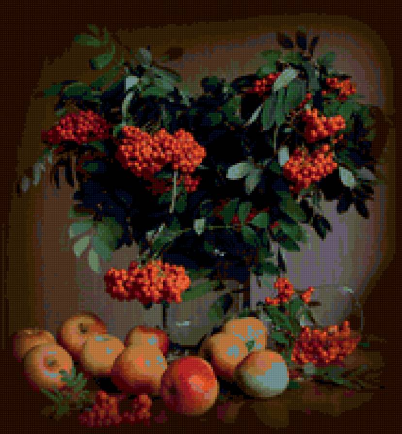 грозди рябины - рябина, натюрморт, яблоки - предпросмотр