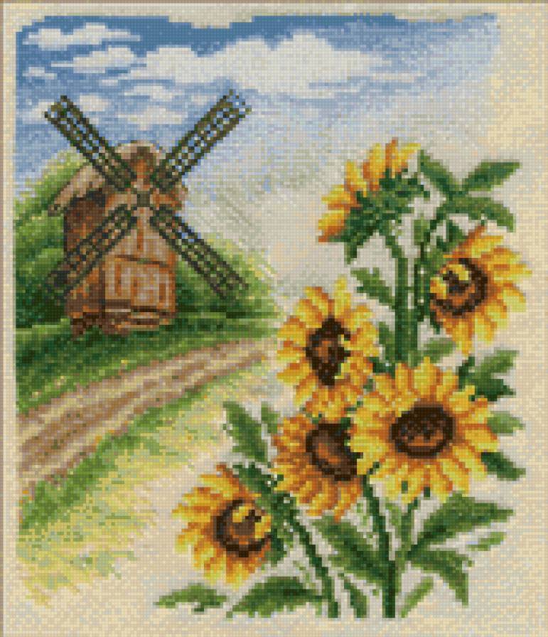 в народном стиле - подсолнухи, мельница, пейзаж - предпросмотр