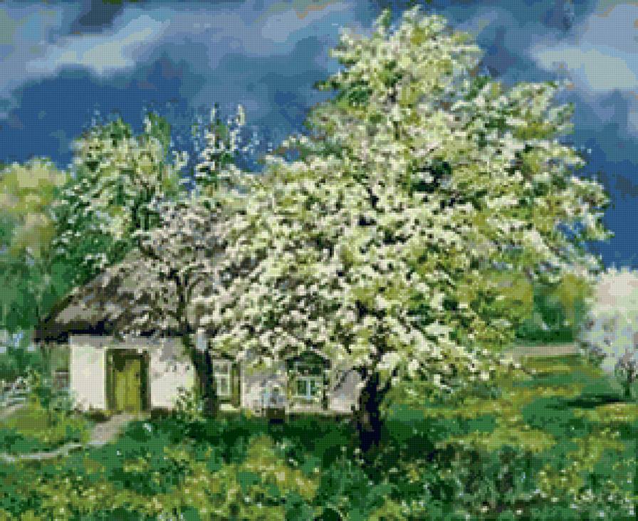 яблоня в цвету - пейзаж, природа, домик - предпросмотр