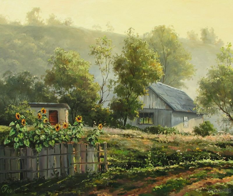 утро в селе - пейзаж, природа, домик - оригинал