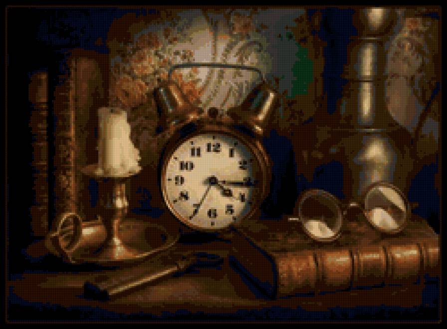 На комоде - предметы, книги, вещи, часы, очки, натюрморт, сосуд, обои - предпросмотр