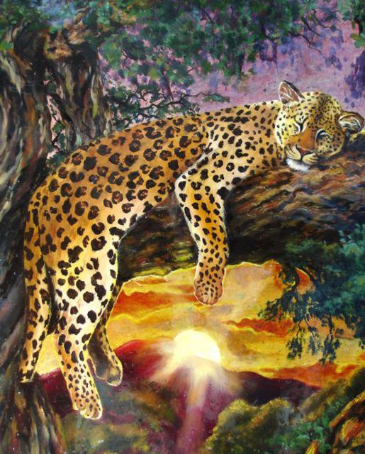 на закате дня - животные, леопард, закат, дерево - оригинал