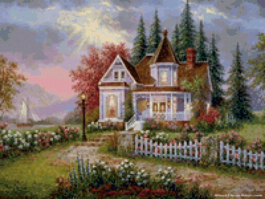 Домик у озера - лес, корабль, дом, пейзаж, озеро - предпросмотр