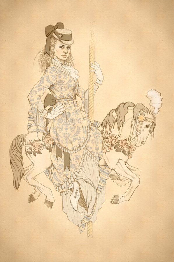 карусель - лошадь, монохром, карусель, дама, леди, девушка, люди - оригинал