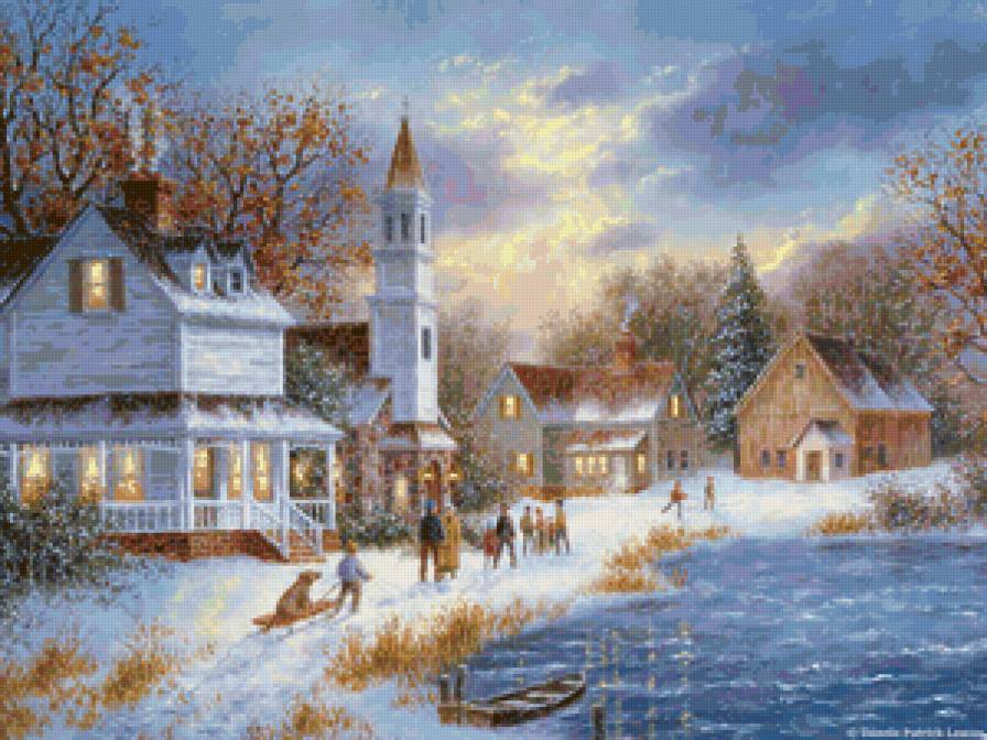 Серия "Пейзажи" - люди, домик, зима, пейзаж, река - предпросмотр