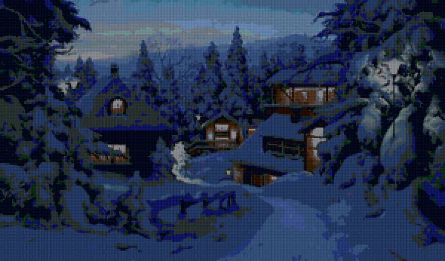 Зимний вечер - пейзаж, домик, зима - предпросмотр