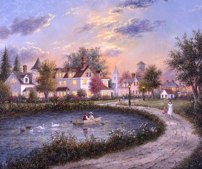 Серия "Пейзажи" - дорога, домик, озеро, люди, пейзаж - оригинал