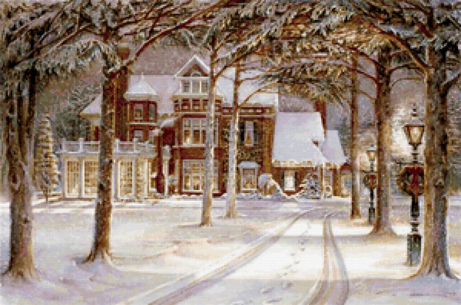 Зимний вечер - дом, живопись, пейзаж - предпросмотр