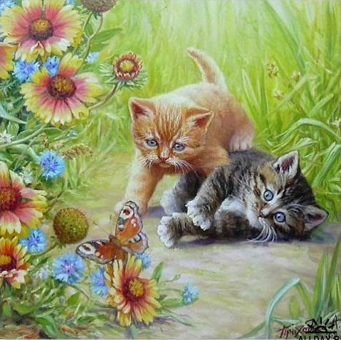 Озорники - животные, живопись, коты, бабочка - оригинал