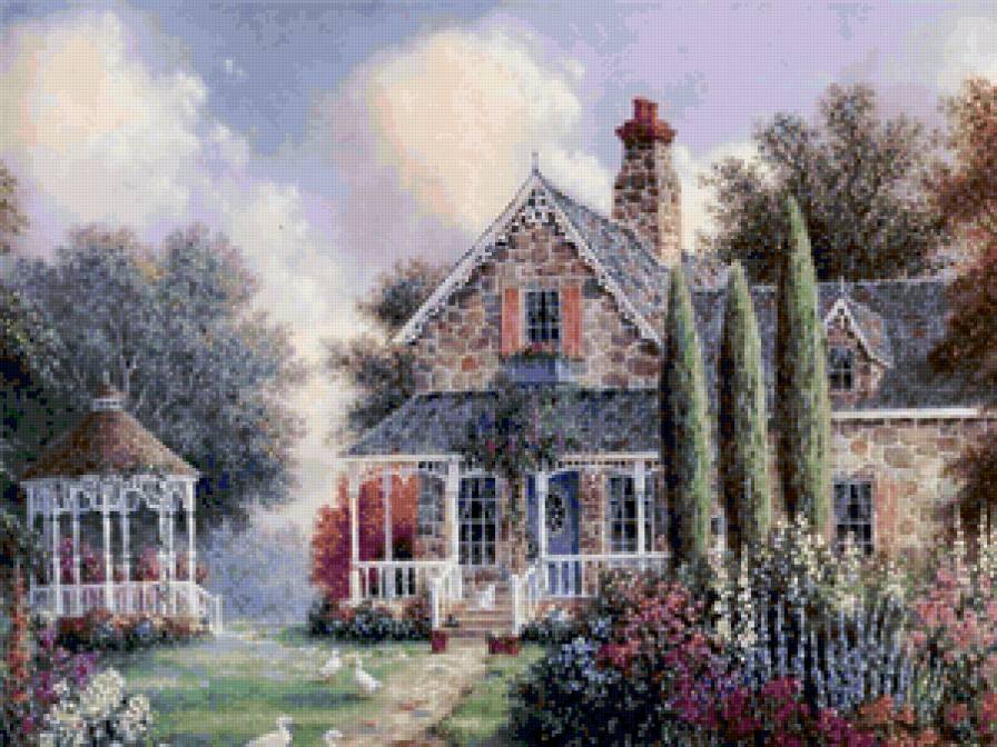 Серия "Пейзажи" - домик, цветы, пейзаж - предпросмотр