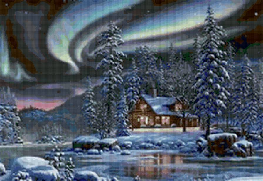 зимний пейзаж - лес, зима, домик - предпросмотр