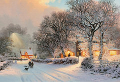 зимний вечер - вечер, пейзаж, дома, деревья, улица, зима - оригинал