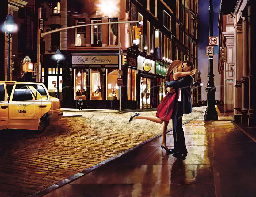 парочка - город, пара, ночь, романтика, пейзаж, двое, поцелуй, любовь - оригинал