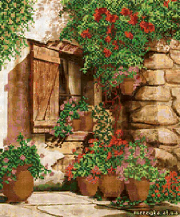 Цветущий дворик - дом, окно, цветы, улица - предпросмотр