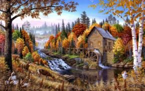 пейзаж - лес, природа, вода, пейзаж, осень - оригинал