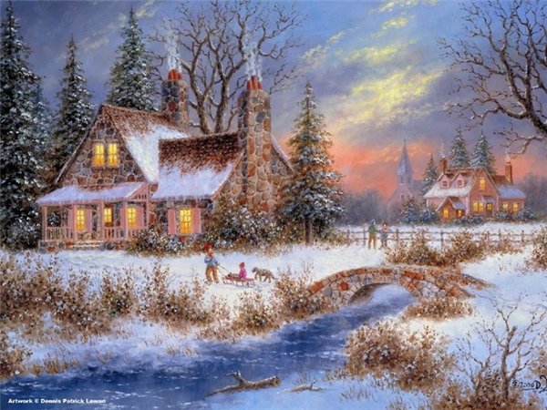 Серия "Пейзажи" - зима, река, домик, пейзаж, люди - оригинал