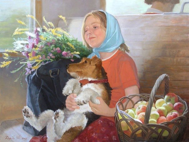 В электричке - дети, животные, живопись, яблоки - оригинал