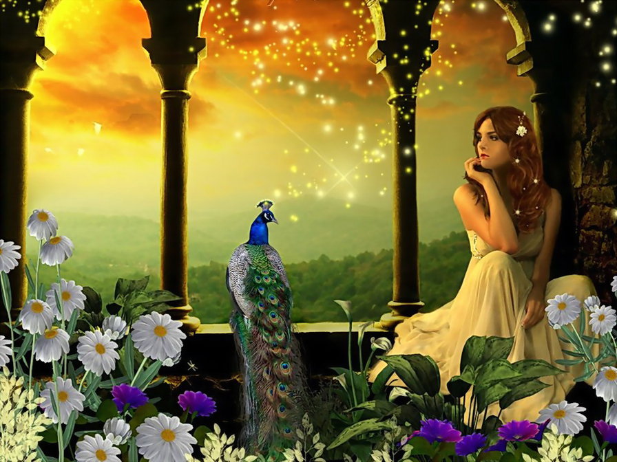 №42716 - фэнтези, девушка, люди, цветы, птицы - оригинал