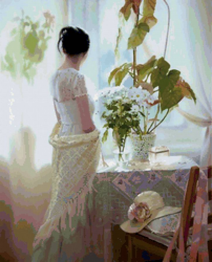 у окна - дувешка, цветы, картина - предпросмотр