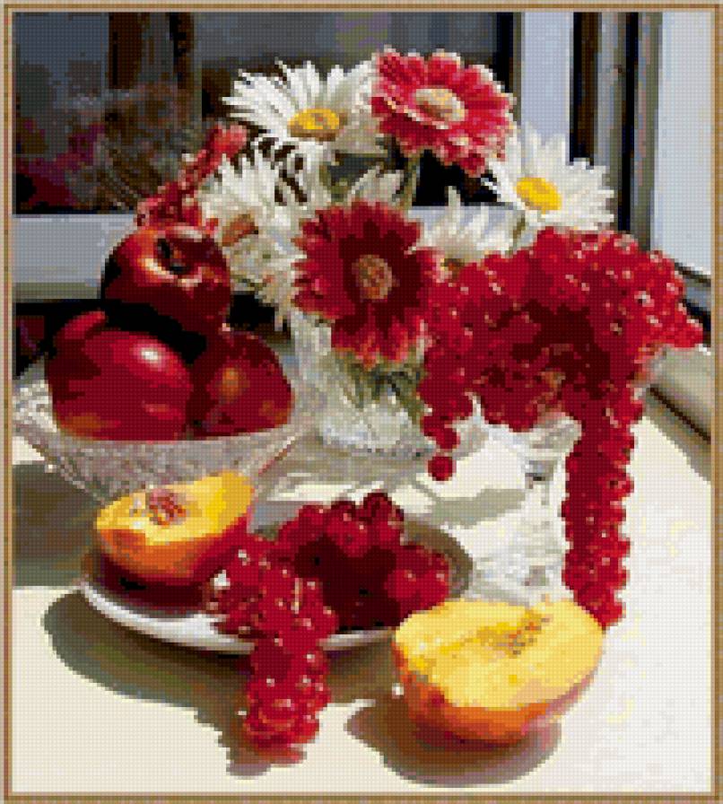 натюрмотр - натюрморт, персики, цветы - предпросмотр