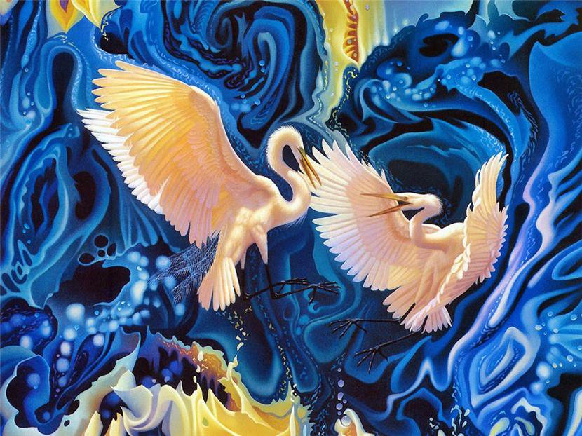 Журавли - абстракция, птицы, живопись, журавли - оригинал