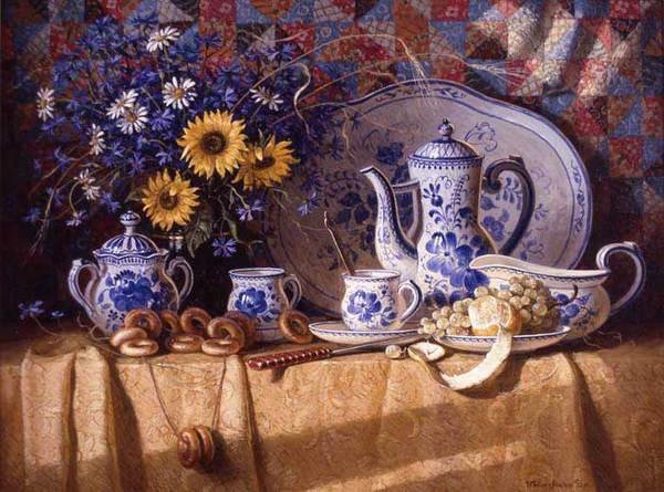 натюрморт - гжель, васильки, цветы, посуда - оригинал
