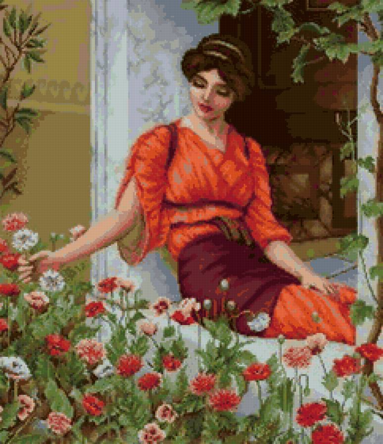 Утренние цветы - у окна, девушка, картина, утро, цветы - предпросмотр