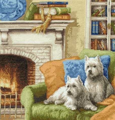 У камина - камин, животные, дом, собаки, гостиная - оригинал