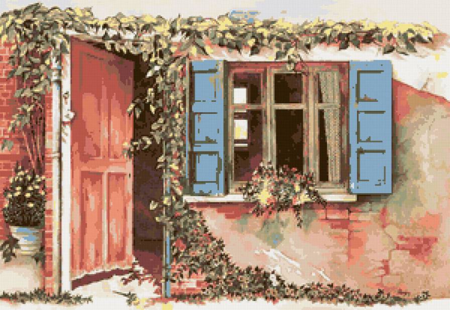 У дома - окно, ставни, дверь, растения, открытая дверь, дом - предпросмотр