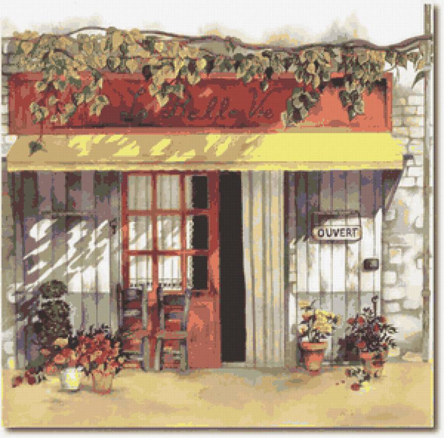 Здание - стулья, вход, растения в горшках, порог, дверь - предпросмотр