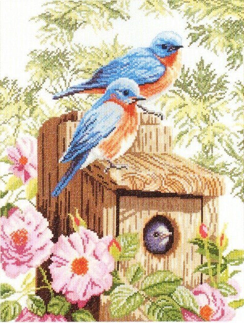 Птичья семья - гнездо, дерево, птенец, птицы, цветы - оригинал