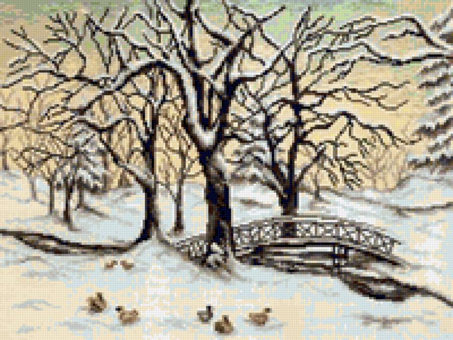 Зимний парк - зимний пейзаж, природа, зима, мостик, уточки, парк, снег - предпросмотр