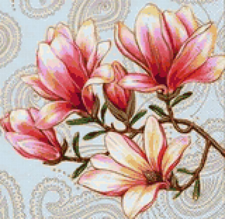 Магнолия - узоры, цветы, магнолия, подушка, тропические цветы - предпросмотр