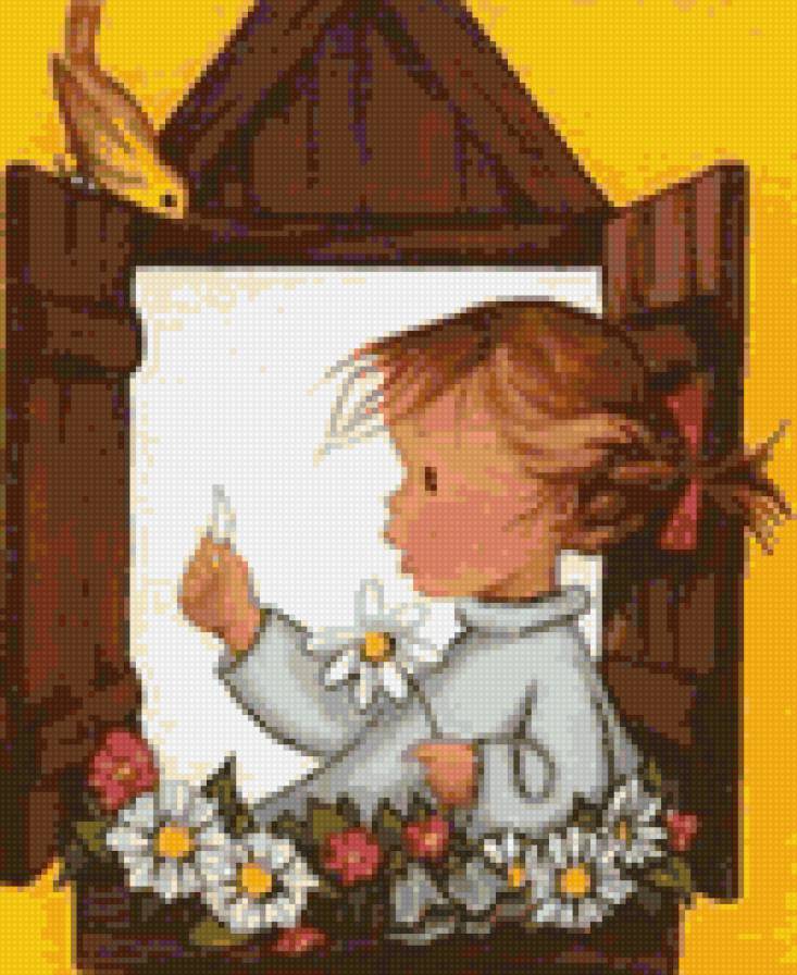 Девочка и птичка - дети, окно, ромашки, птичка, девочка, забавные детки - предпросмотр