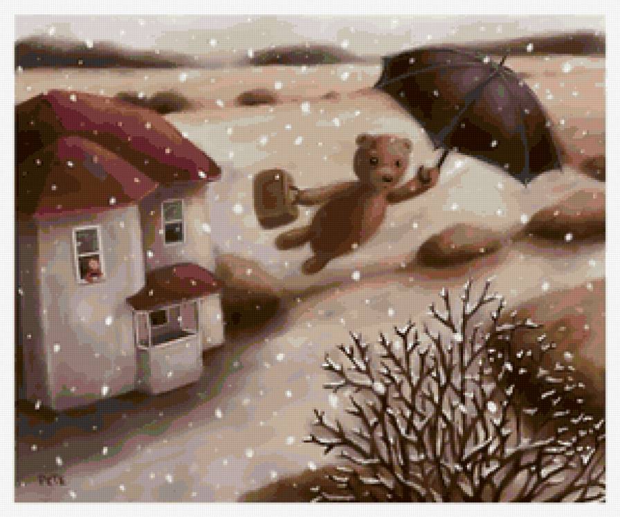 Снег - игрушка, зонт, снегопад, зима, мишка, снег, полет - предпросмотр